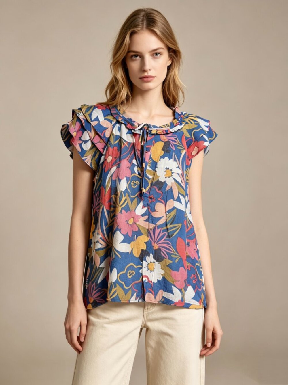 Zac & Rachel Woman Floral Print Short Flutter Sleeve Blouse Size S